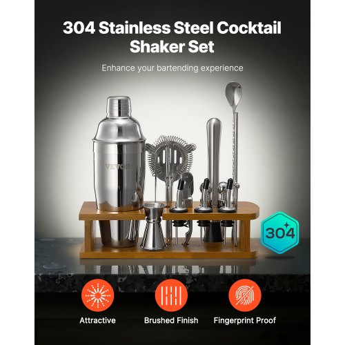 Cocktail Shaker Set 18Piece Stainless Steel Bar Tools with Bamboo Stand