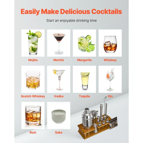 Cocktail Shaker Set 18Piece Stainless Steel Bar Tools with Bamboo Stand