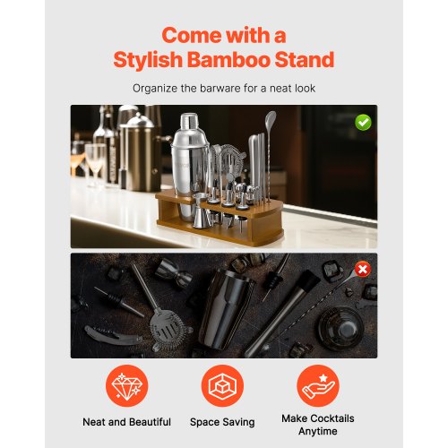 Cocktail Shaker Set 18Piece Stainless Steel Bar Tools with Bamboo Stand