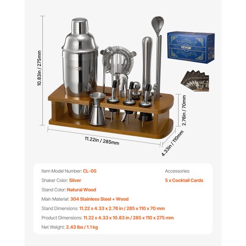 Cocktail Shaker Set 18Piece Stainless Steel Bar Tools with Bamboo Stand