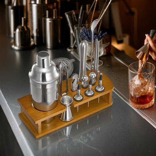Cocktail Shaker Set 18Piece Stainless Steel Bar Tools with Bamboo Stand