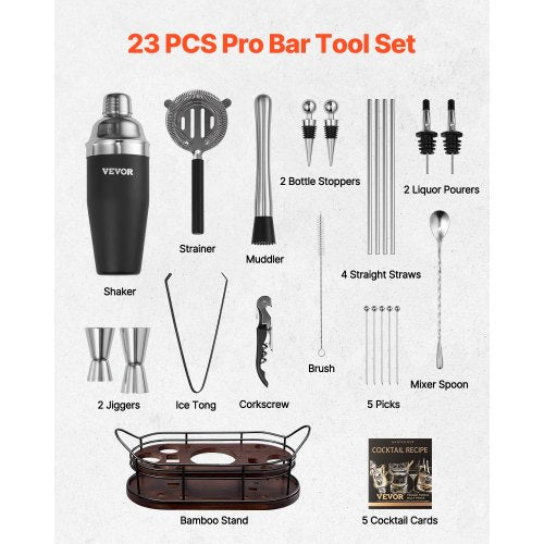 Cocktail Shaker Set 23Piece Stainless Steel Bar Tools with Bamboo Stand