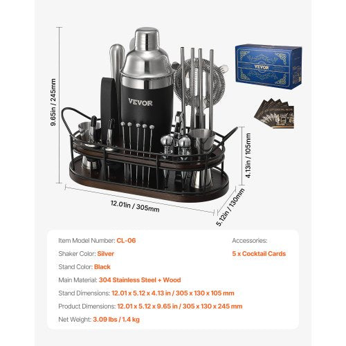 Cocktail Shaker Set 23Piece Stainless Steel Bar Tools with Bamboo Stand