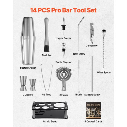 Cocktail Shaker Set 14Piece Stainless Steel Bar Tools with Acrylic Stand