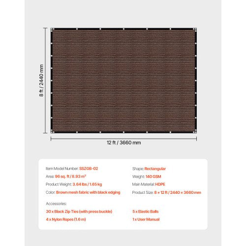90 Sun Shade Cloth 8 x 12 ft Pergola Shade Cover with Stainless Steel