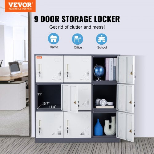 Metal Locker for Employees 9 Doors Storage Cabinet with Card Slot Gray