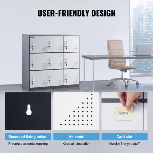 Metal Locker for Employees 9 Doors Storage Cabinet with Card Slot Gray