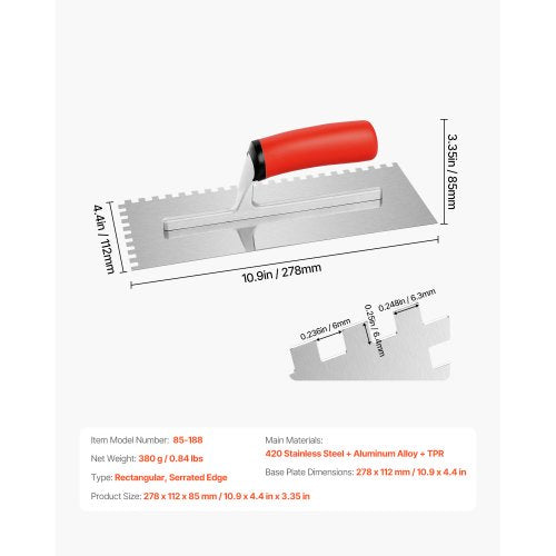 Tile Tools Stainless Steel Squared Notch Tile and Flooring Trowel 109 x