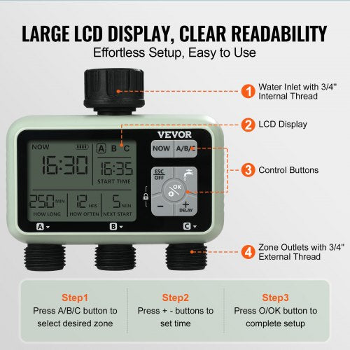 Water Timer 3 Outlets Hose Watering Sprinkler Timer with 3 Independent