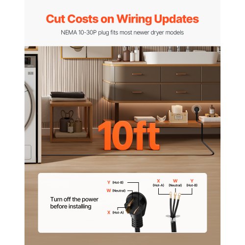10 ft Dryer Power Cord 3Prong NEMA 1030P Appliance Dryer Cord with Eyelet