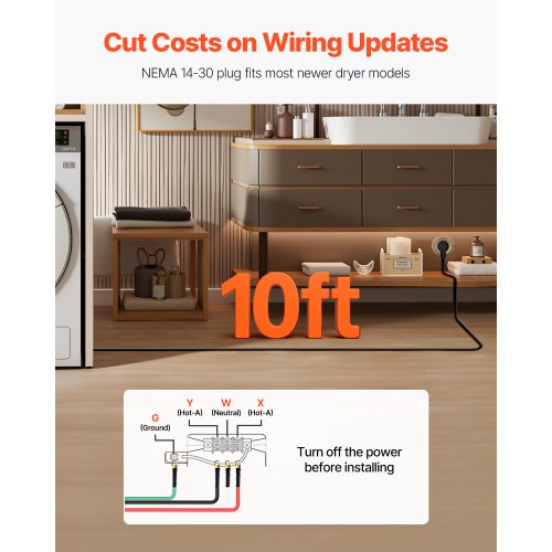 10 ft Dryer Power Cord 4Prong NEMA 1430P Appliance Dryer Cord with Eyelet