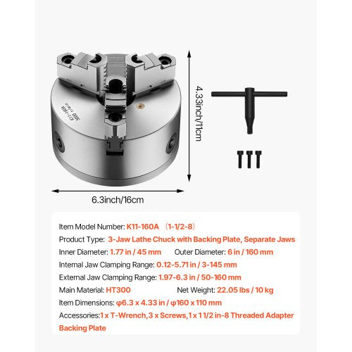 3Jaw Lathe Chuck 6 Inch 160 mm SelfCentering Chuck with 1 12 in8