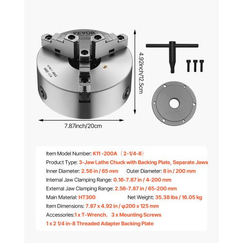 3Jaw Lathe Chuck 8 Inch 200 mm SelfCentering Chuck with 2 14 in8