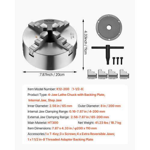 4Jaw Lathe Chuck 8 Inch 200 mm SelfCentering Chuck with 1 12 in8