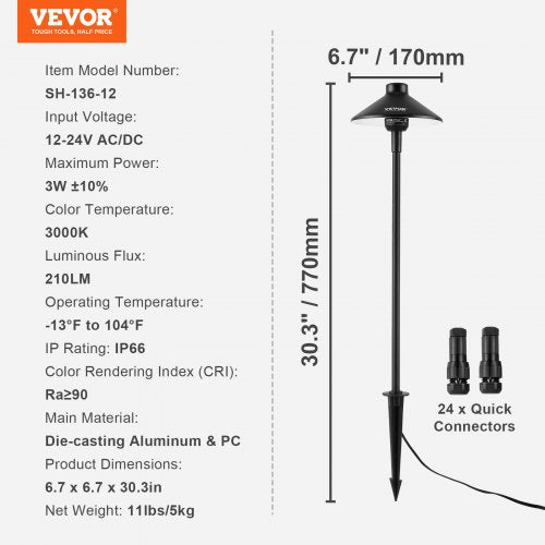 12 Pack Low Voltage Landscape Path Lights 3W 210LM 12V24VACDC Outdoor LED