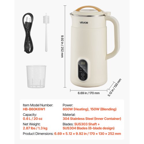 6in1 Nut Milk Maker 20 oz Soy Milk Maker Machine with 6 Blades for Homemade Oat