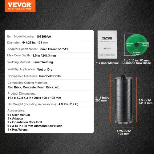 Core Drill Bit 425 WetDry Diamond Core Drill Bits for Brick and Block