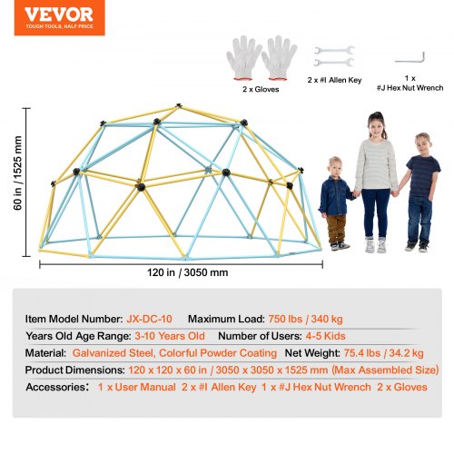 Climbing Dome Jungle Gym Supports 750LBS and Easy Assembly 10FT Geometric