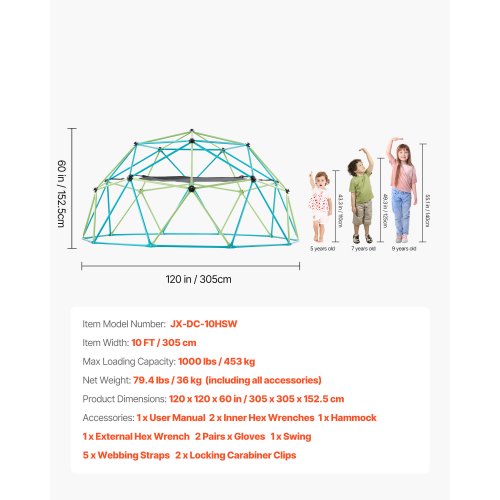 Climbing Dome 10FT Geometric Dome Climber with Swing Hammock 1000LBS
