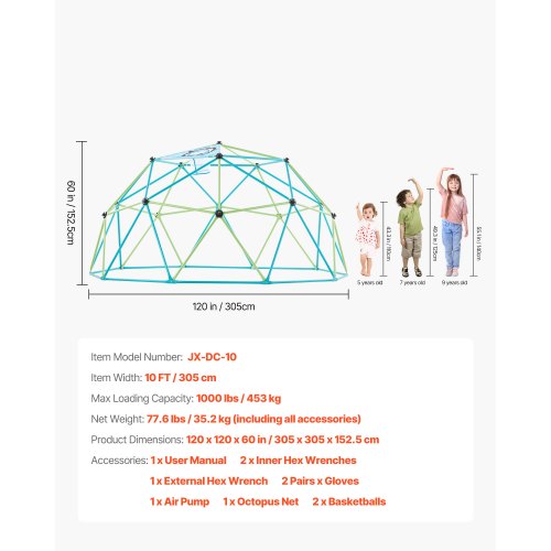 Climbing Dome 10FT Geometric Dome Climber for Kids 1000LBS Loading Jungle