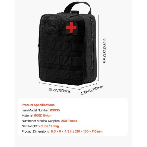 Survival First Aid Kit 250 Pieces 600D Nylon Trauma First Aid Bag