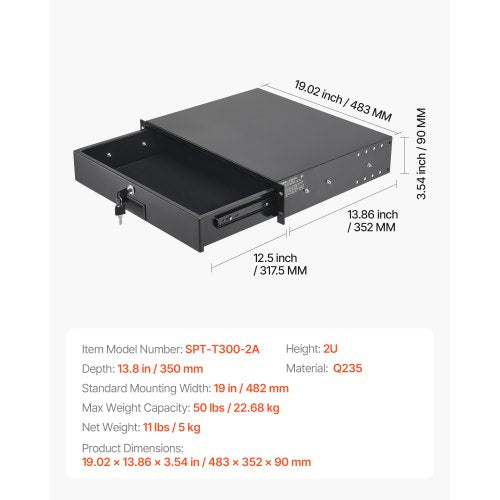 2U Rack Mount Drawer 50 lbs Max LoadBearing Lockable Server Cabinet Case