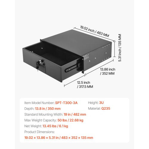 3U Rack Mount Drawer 50 lbs Max LoadBearing Lockable Server Cabinet Case