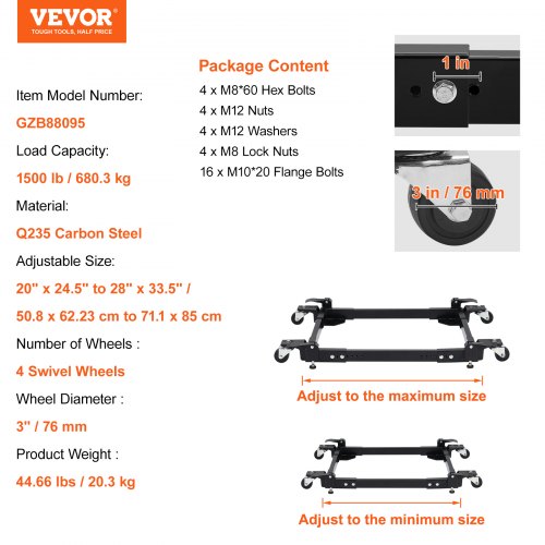 Mobile Base 1500 lbs Capacity Adjustable from 20 x 245 to 28 x 335