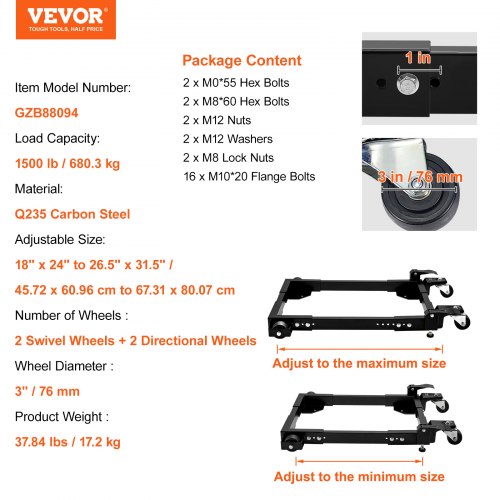 Mobile Base 1500 lbs Capacity Adjustable from 18 x 24 to 265 x 315