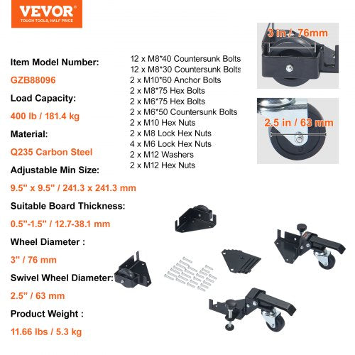 Mobile Base 400 lbs Weight Capacity Adjustable from 95 x 95 to Infinity