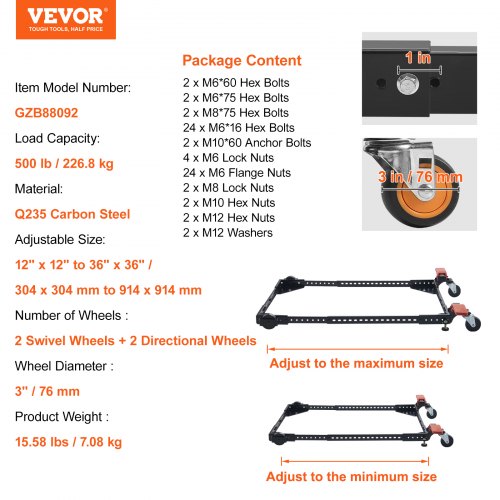 Mobile Base 500 lbs Weight Capacity Adjustable from 12 x 12 to 36 x