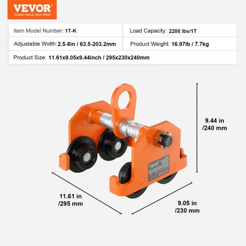 Manual Trolley 2200 lbs1 Ton Load Capacity Push Beam Trolley with Dual