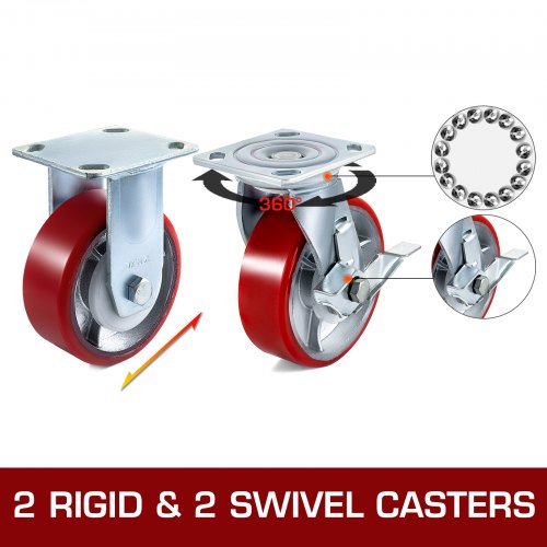 4 Pack 6 x 2 Inch Caster Wheels 2 Rigid and 2 Swivel Casters with Side Brake