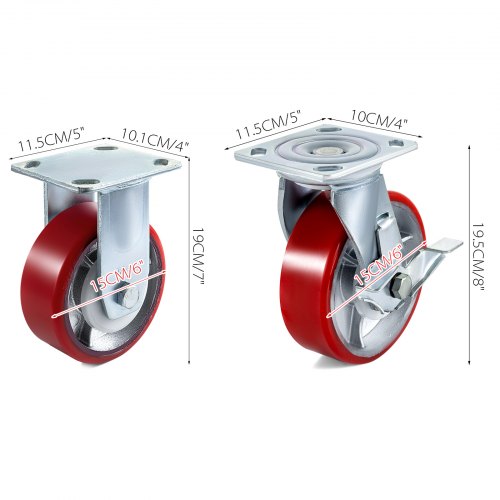 4 Pack 6 x 2 Inch Caster Wheels 2 Rigid and 2 Swivel Casters with Side Brake
