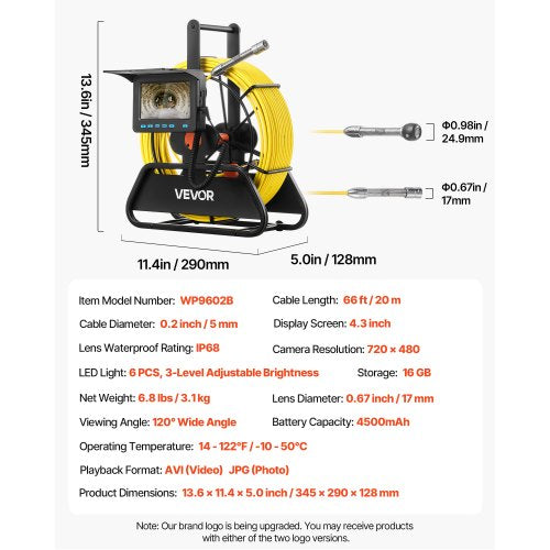 Sewer Camera 66 Ft20M 43 Drain Inspection Ip68 Waterproof Snake Plumbing With