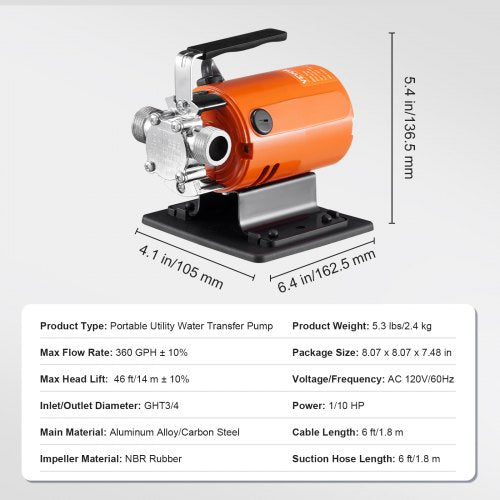 Water Transfer Pump 120V AC 360 GPH 110 HP Portable Electric Utility Pump