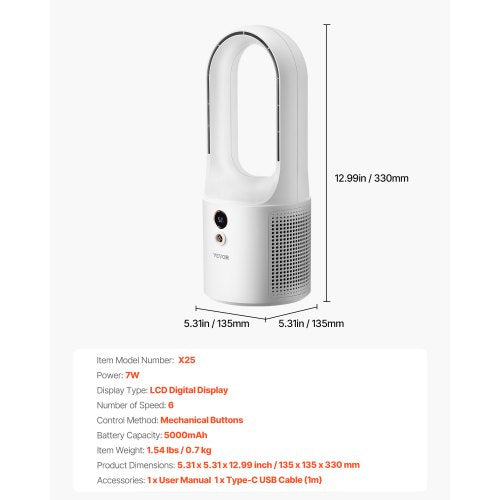 Desk Fan Bladeless 1299 Inch Portable Desk Fan 6Speed USB Quiet Cooling