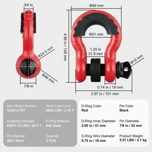 34 DRing Shackle 2 Pack Alloy Steel Shackles 62832 lbs 285 Ton Break