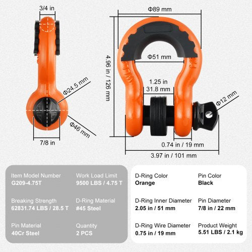 34 DRing Shackle 2 Pack Alloy Steel Shackles 62832 lbs 285 Ton Break