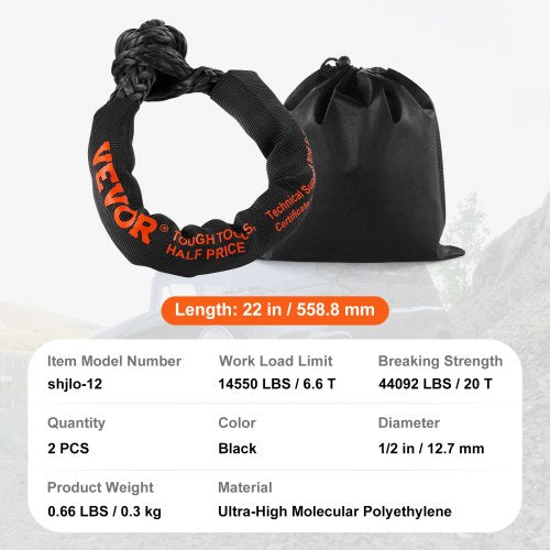 Soft Shackle Synthetic Recovery Rope 2PCS 12x22 44092lbs Break Strength