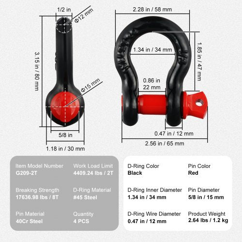 12 DRing Shackle 4 Pack Alloy Steel Shackles 17637 lbs 8 Ton Break