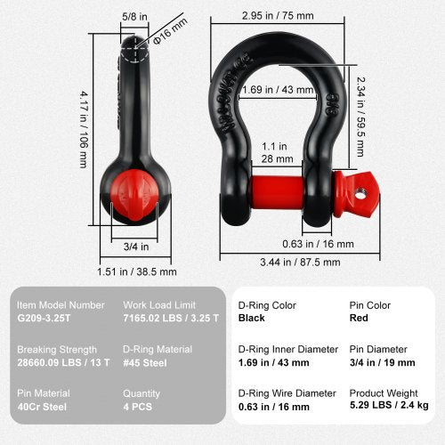 58 DRing Shackle 4 Pack Alloy Steel Shackles 28660 lbs 13 Ton Break