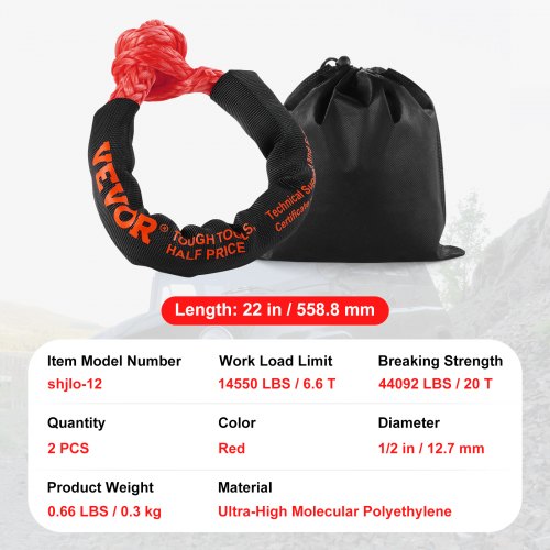 Soft Shackle Synthetic Recovery Rope 2PCS 12x22 44092lbs Break Strength