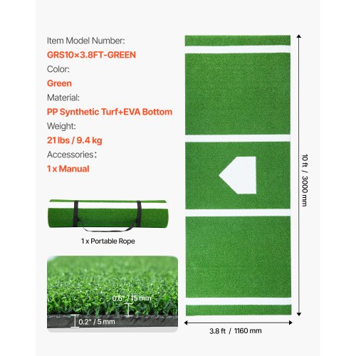 10x38 ft Baseball Softball Hitting Batting Mat IndoorOutdoor AntiSlip