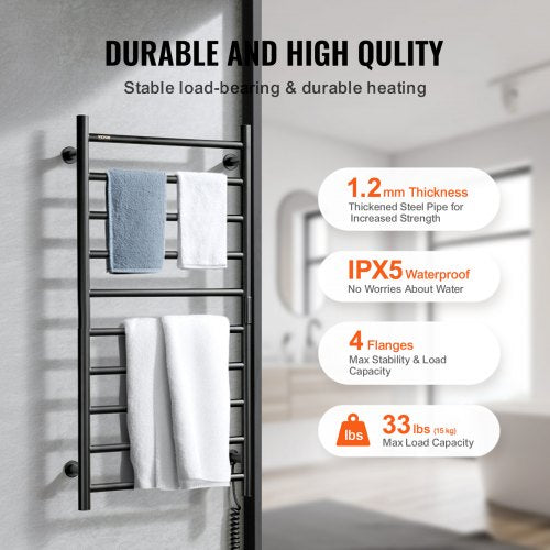 10-Bar Towel Warmer Rack Wall Mounted Heated Towel Rack for Bathroom Black