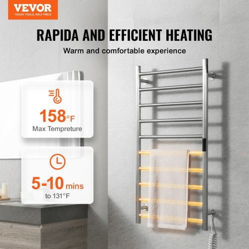 10 Bars Towel Warmer Rack Wall Mounted Heated Towel Rack Bathroom Silver – 9 FT