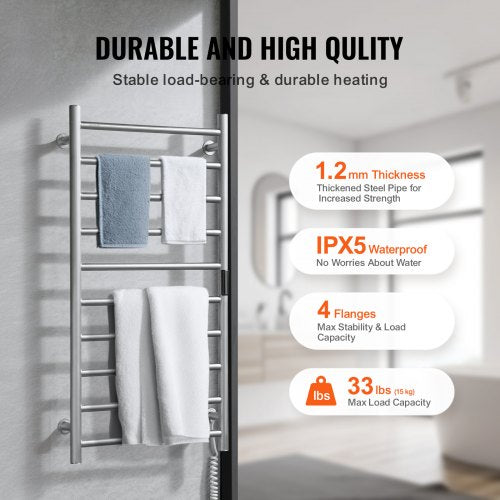 10 Bars Towel Warmer Rack Wall Mounted Heated Towel Rack Bathroom Silver – 9 FT