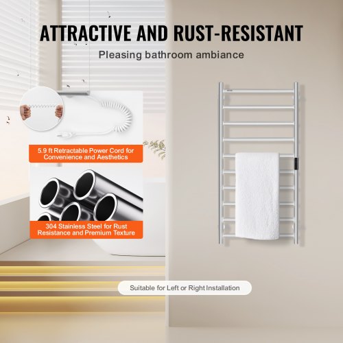 10 Bars Towel Warmer Rack Wall Mounted Heated Towel Rack Bathroom Silver – 9 FT