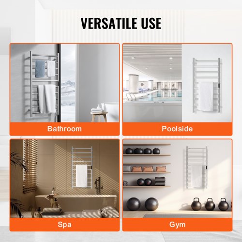 10 Bars Towel Warmer Rack Wall Mounted Heated Towel Rack Bathroom Silver – 9 FT