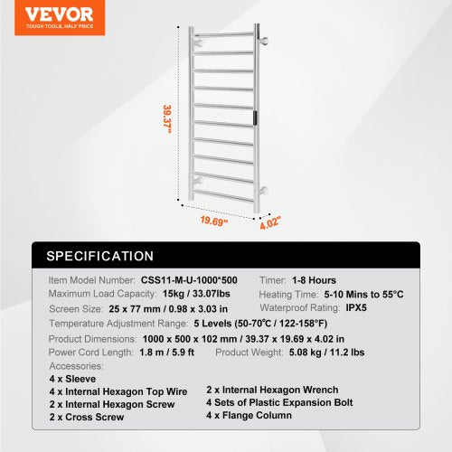 10 Bars Towel Warmer Rack Wall Mounted Heated Towel Rack Bathroom Silver – 9 FT